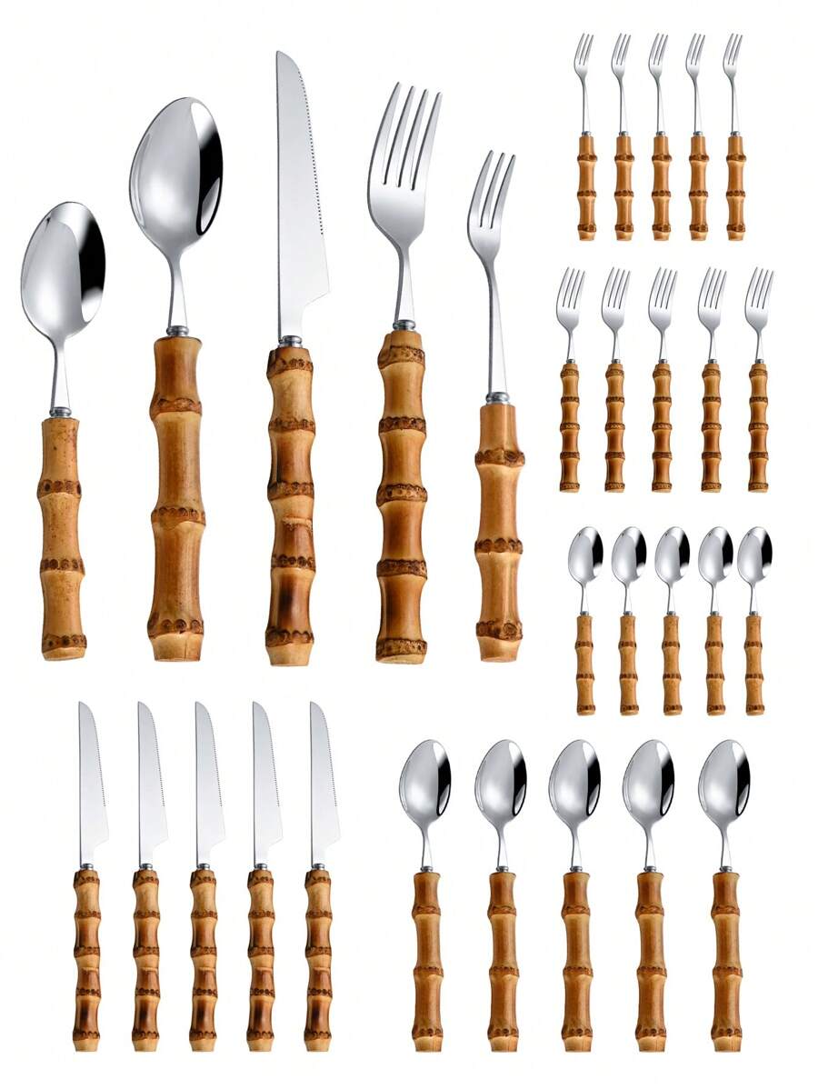 Bamboo Cutlery Set - Conjunto de talheres de aço inoxidável