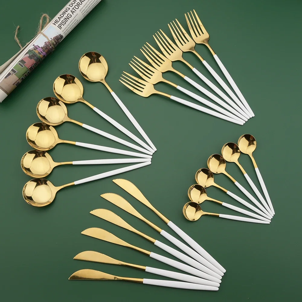 Gold Plated Cutlery - Conjunto de Talheres Branco e Dourado