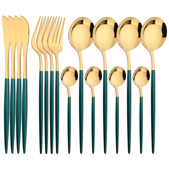 Gold Plated Cutlery - 16 pçs verde ouro louça conjunto